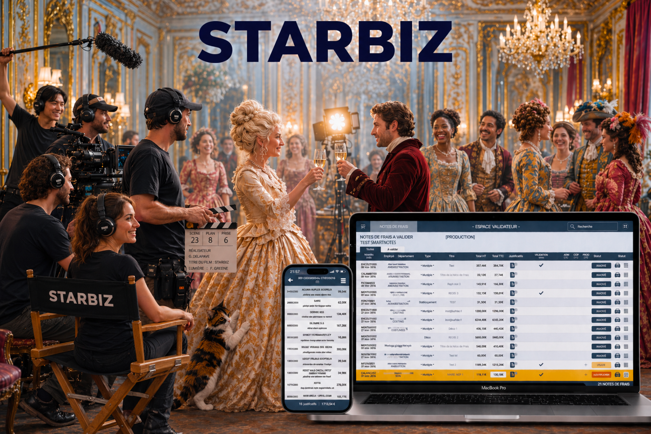Scène de tournage avec des acteurs en costumes d'époque dans une salle ornée, entourés par une équipe de tournage avec des caméras et un clap. Un ordinateur portable et un smartphone affichent des tableaux de données au premier plan.